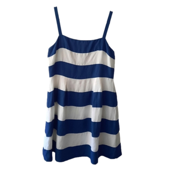Loft Striped Blue White Mini Sun Dress Size 10 Linen Blend - Picture 1 of 8